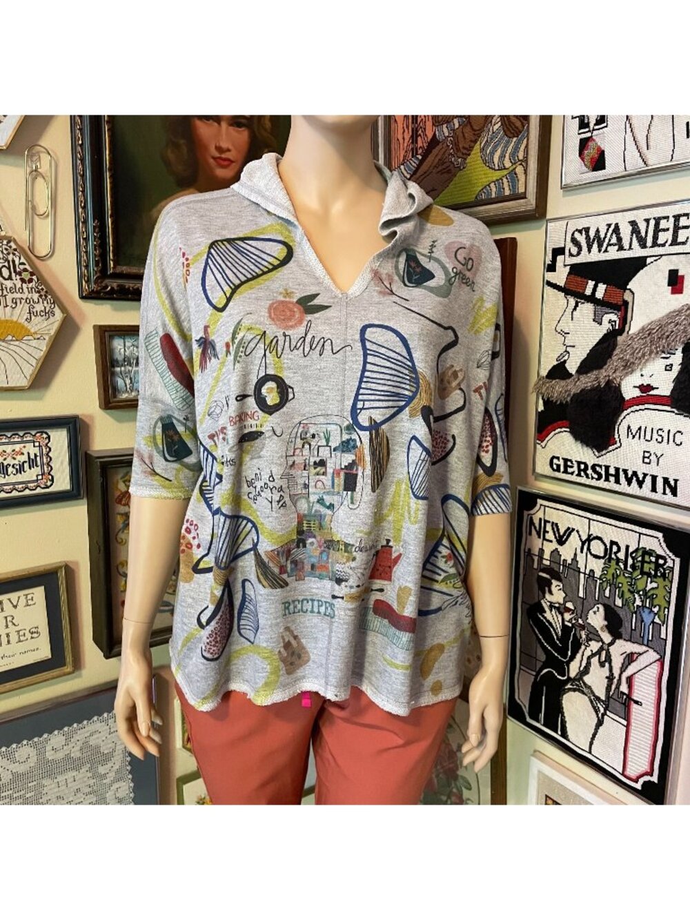 Inoah Women’s Hooded Top Abstract Graphic Print Lightweight Sweatshirt Knit Gray